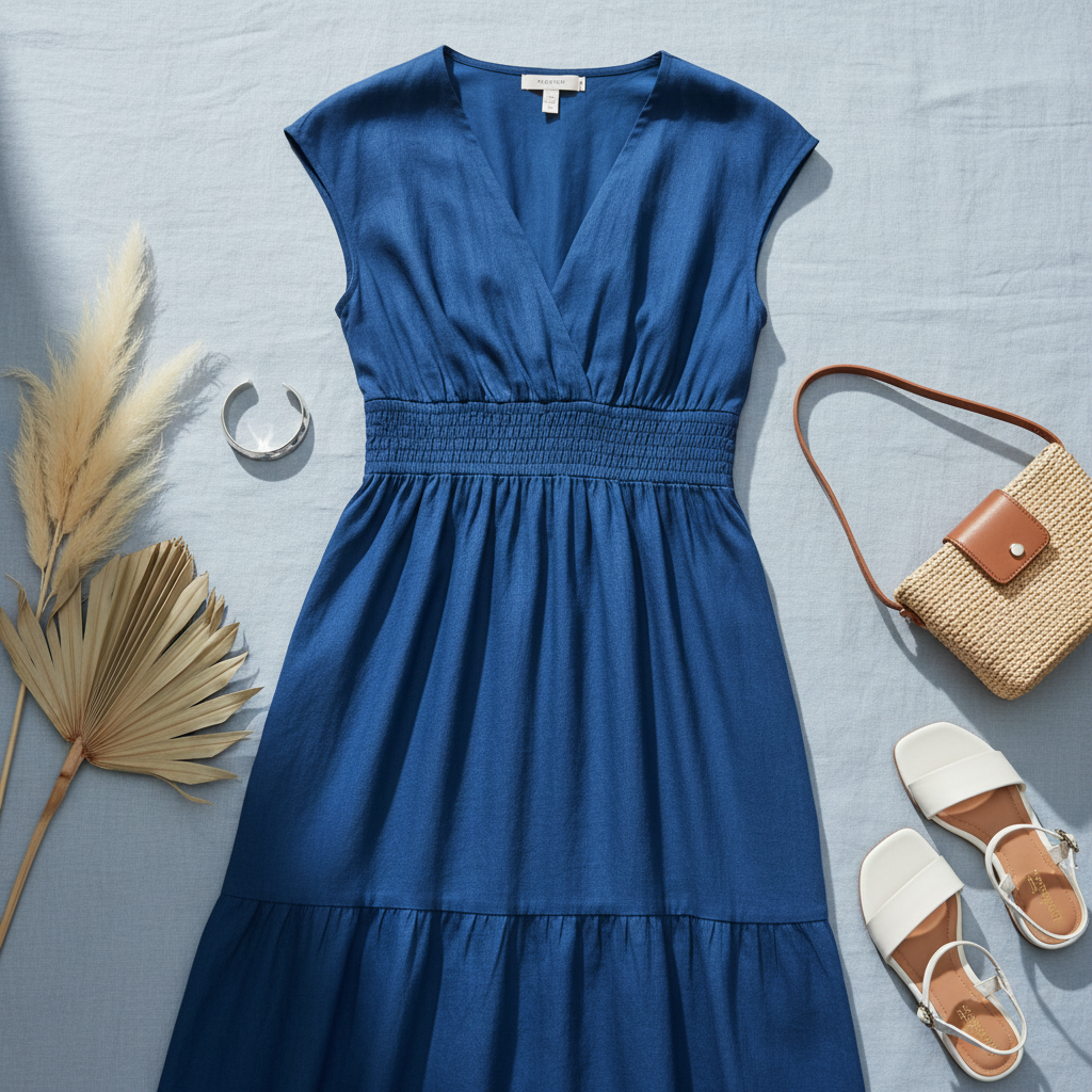 Blue Printed Cap Sleeve Maxi Dress - Flat Lay