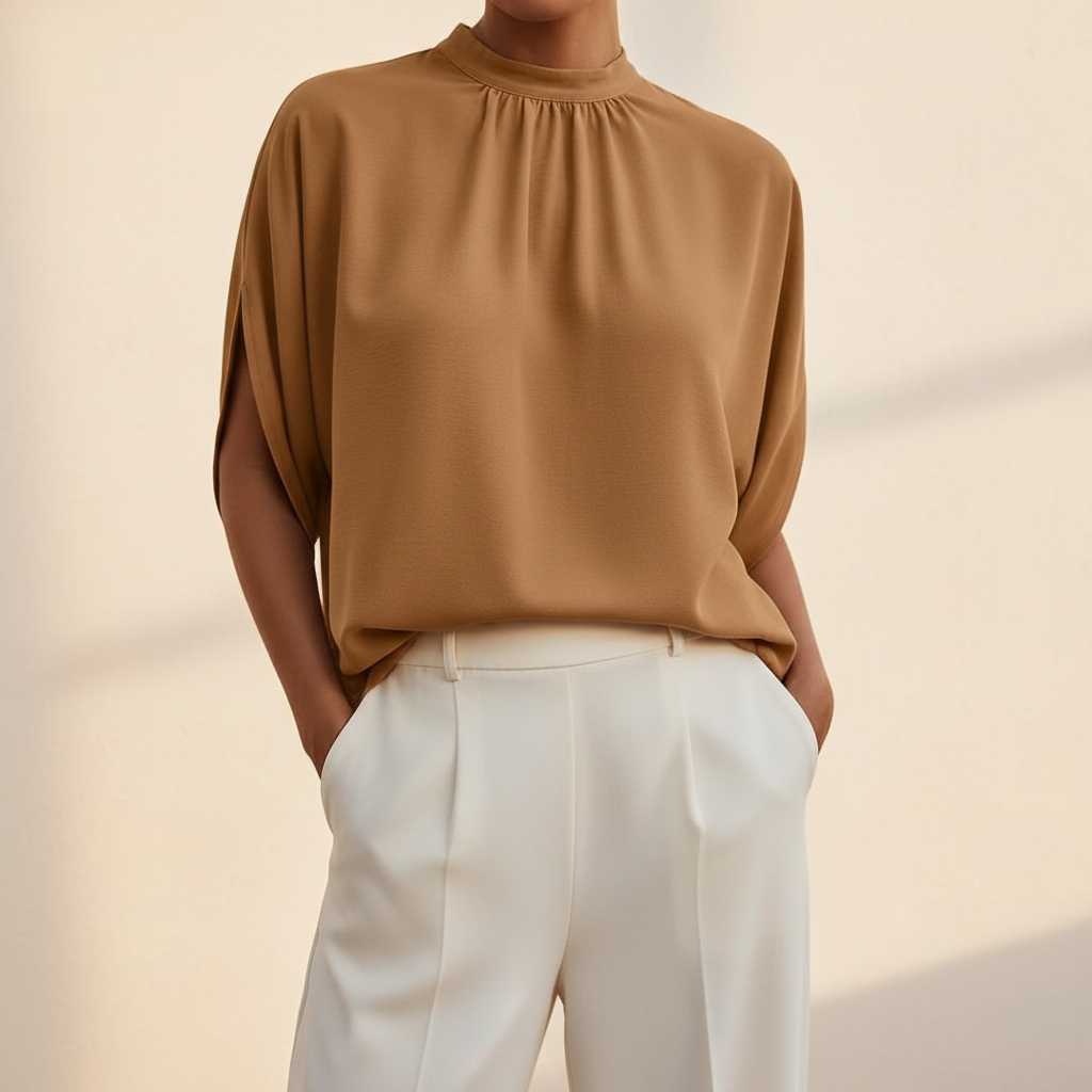 Camel Tie Back Slit Half Sleeve Blouse - Product Shot