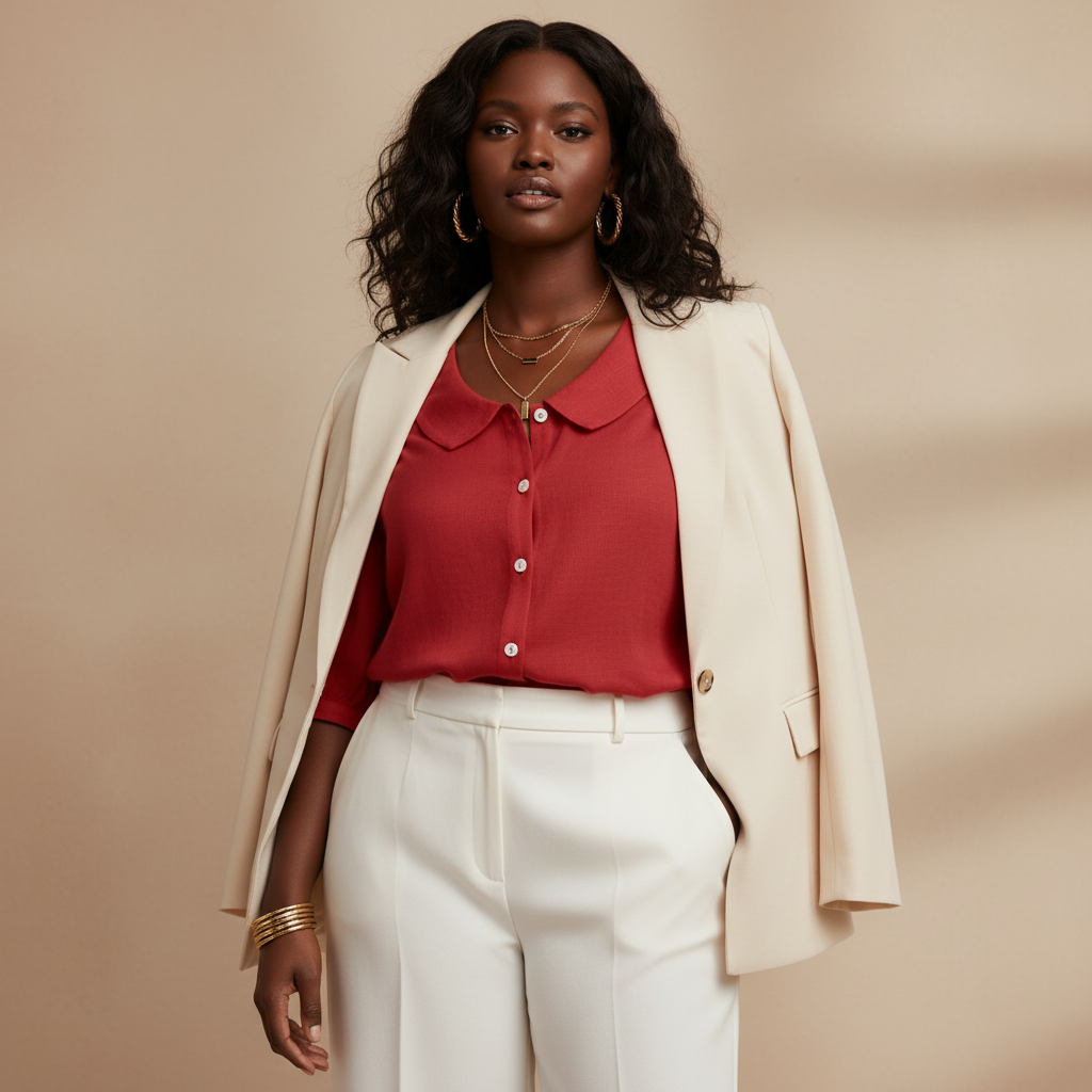 Red Peter Pan collar shirt - cream blazer layered look