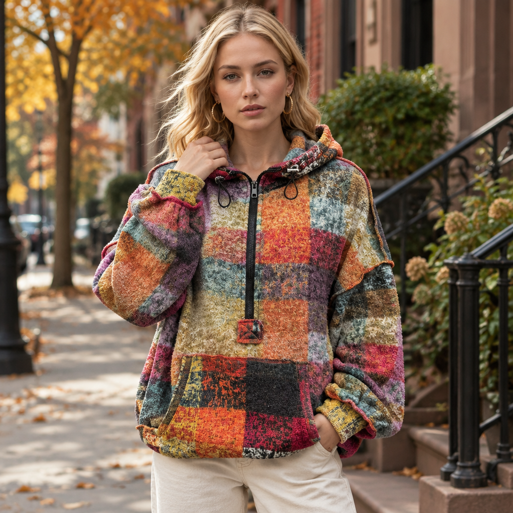 Tangerine half-zip fleece hoodie, city