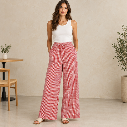 Red gingham wide-leg pants, cafe