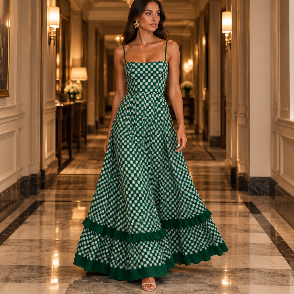 Green checkered spaghetti strap maxi dress in a luxury hotel corridor