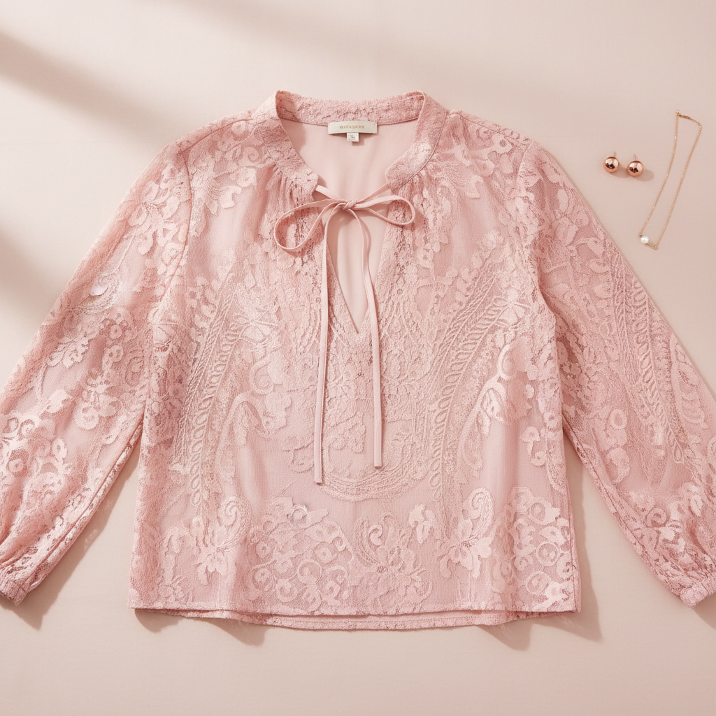 Pink Lace Tie-Neck Blouse - Flat Lay