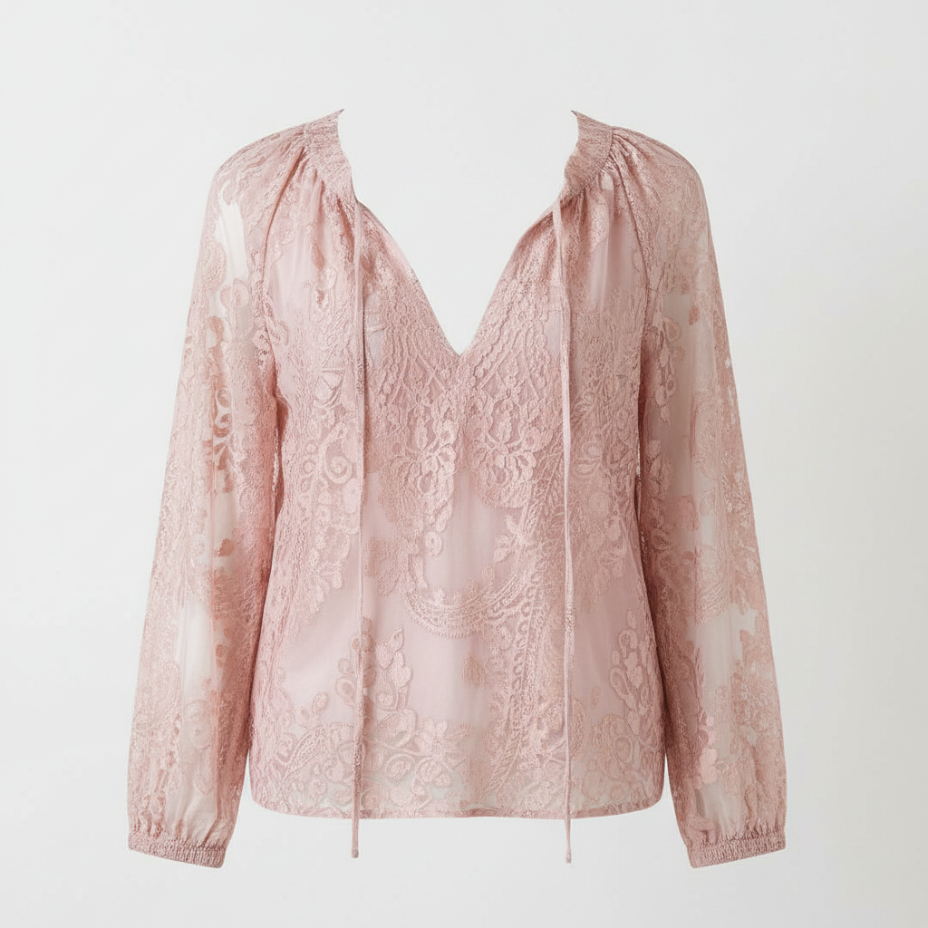 Pink Lace Tie-Neck Blouse - Product Shot