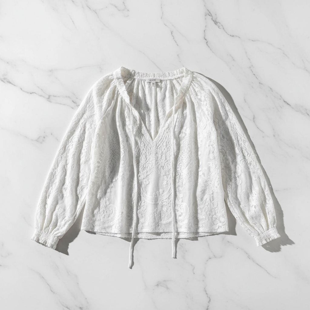 White Lace Tie-Neck Blouse - Flat Lay