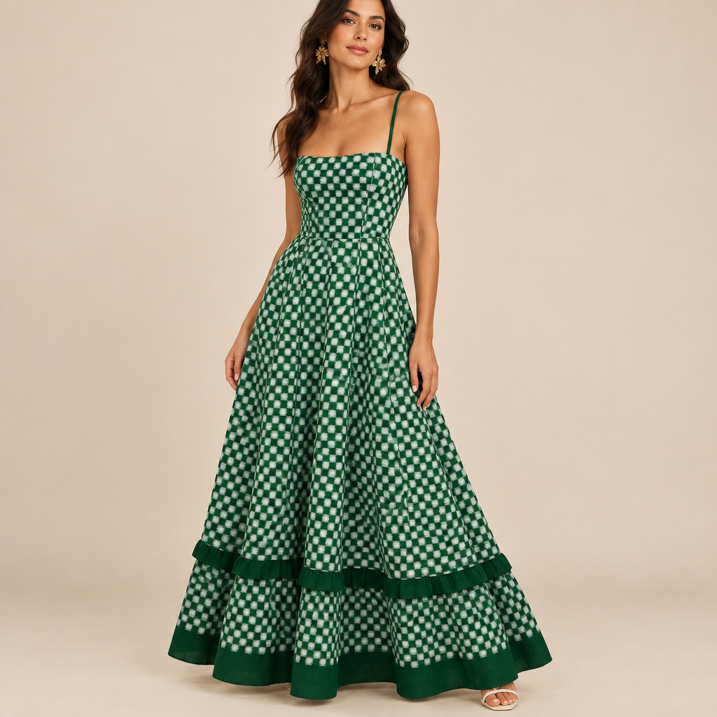 Green checkered spaghetti strap maxi dress in a polished editorial portrait