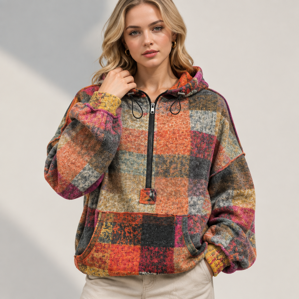 Tangerine half-zip fleece hoodie, seam detail