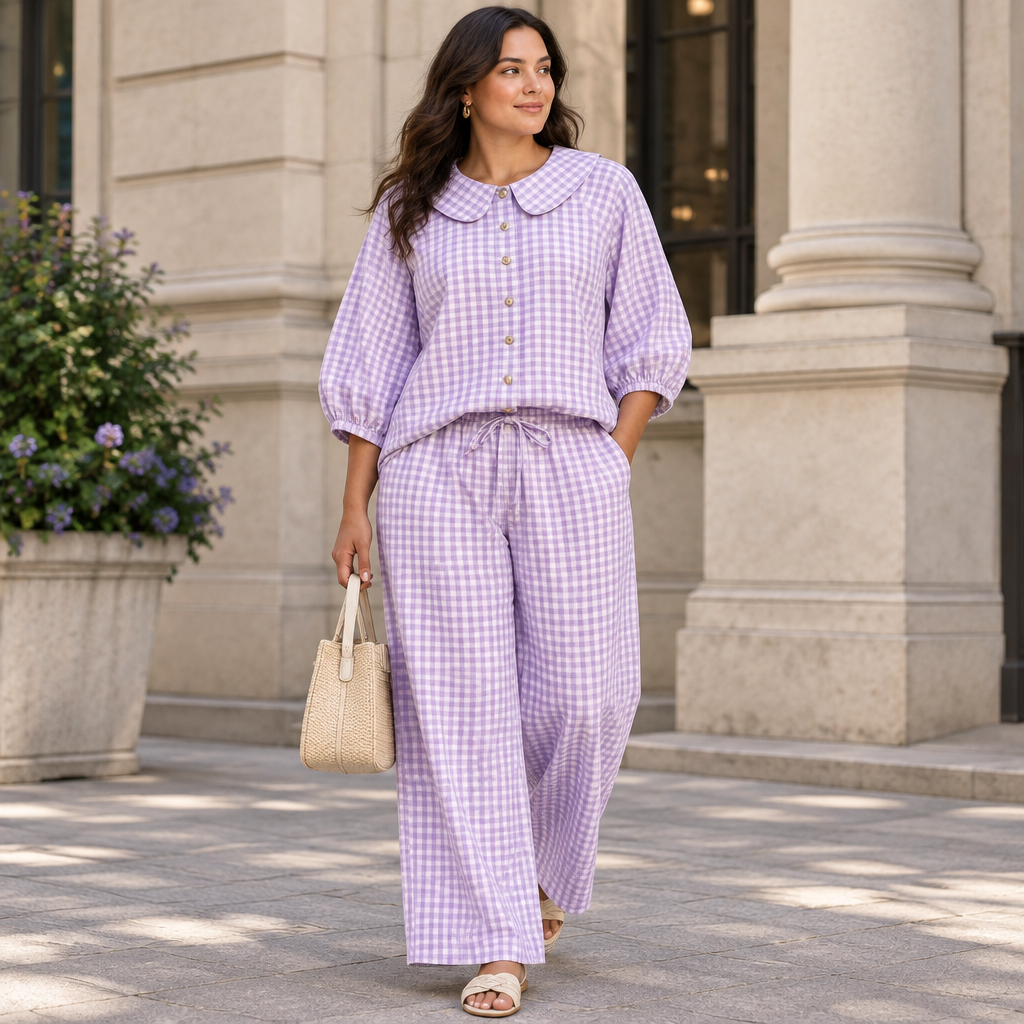 Purple plaid button-up shirt and matching pants set outside a modern gallery