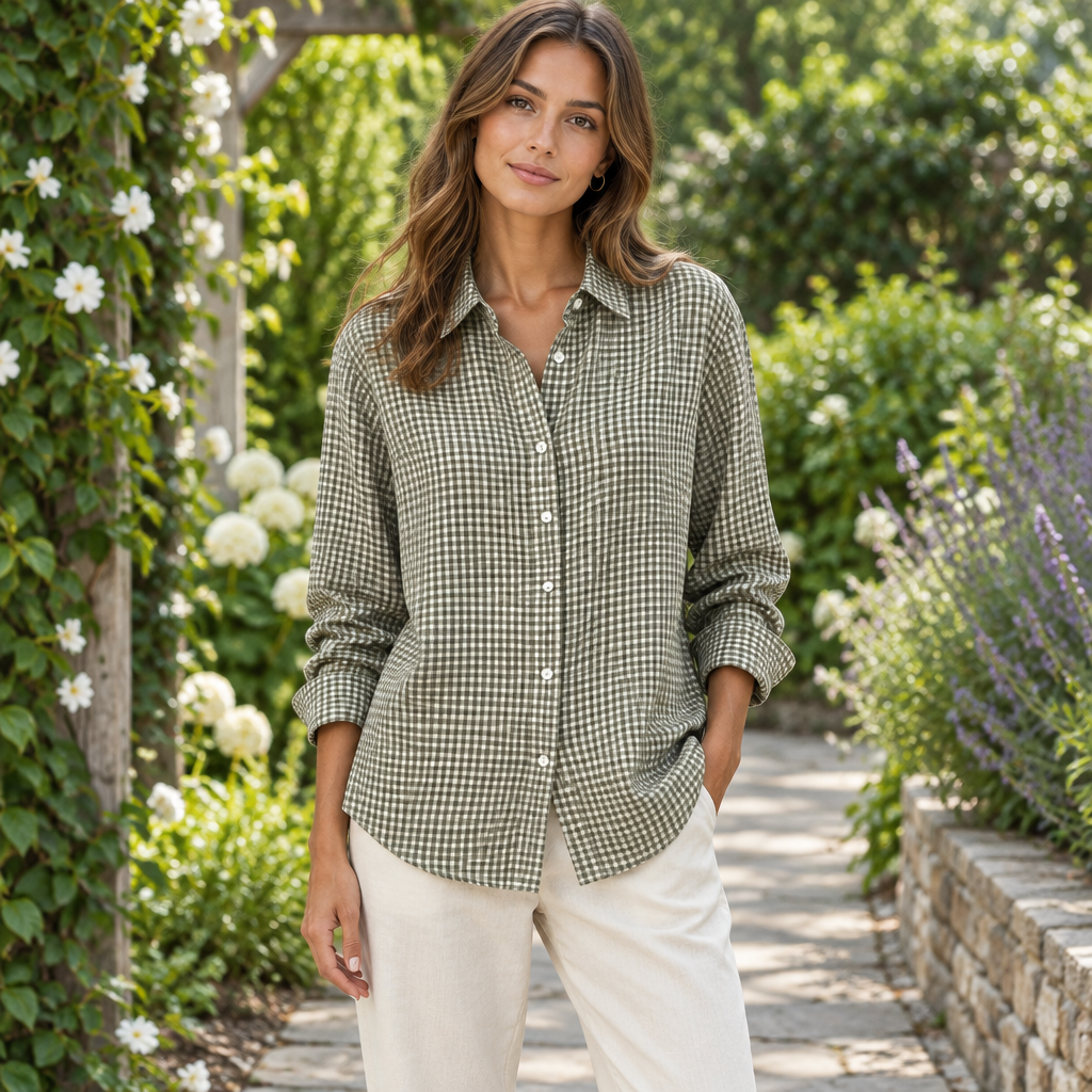 Khaki plaid button-up shirt on a slim adult model, garden
