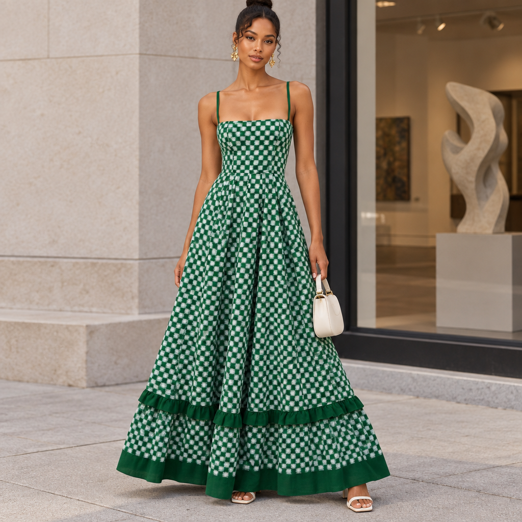 Green checkered spaghetti strap maxi dress outside a modern gallery