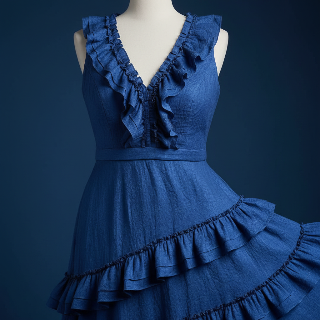 Blue Ruffled Hem V-Neck Sleeveless Dress - Detail