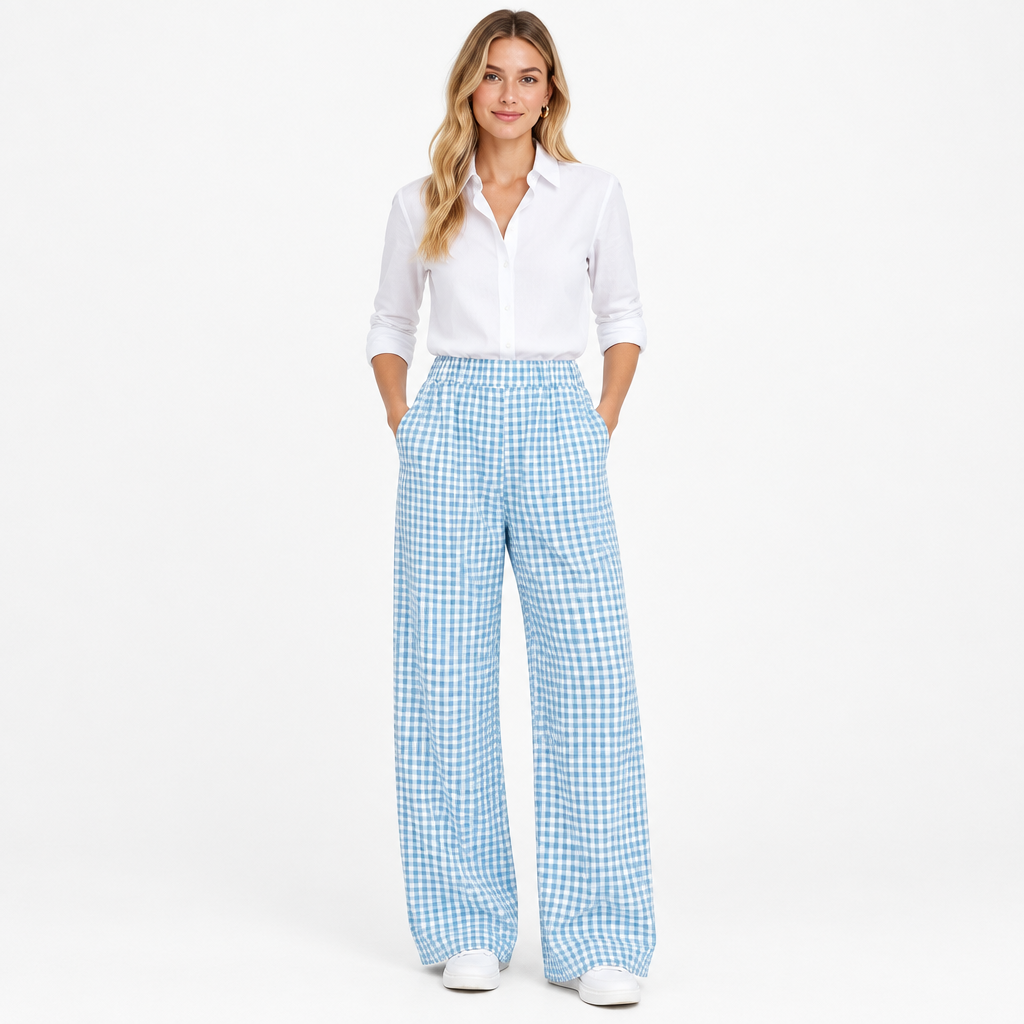 Light blue plaid wide-leg casual pants in a full-length studio view