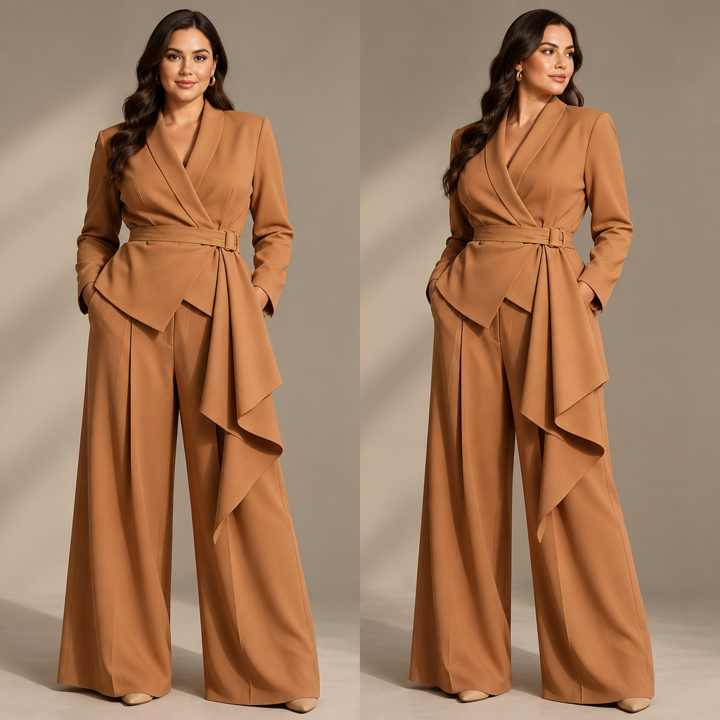 Plus-size caramel belted blazer and wide-leg pants set in a premium campaign view