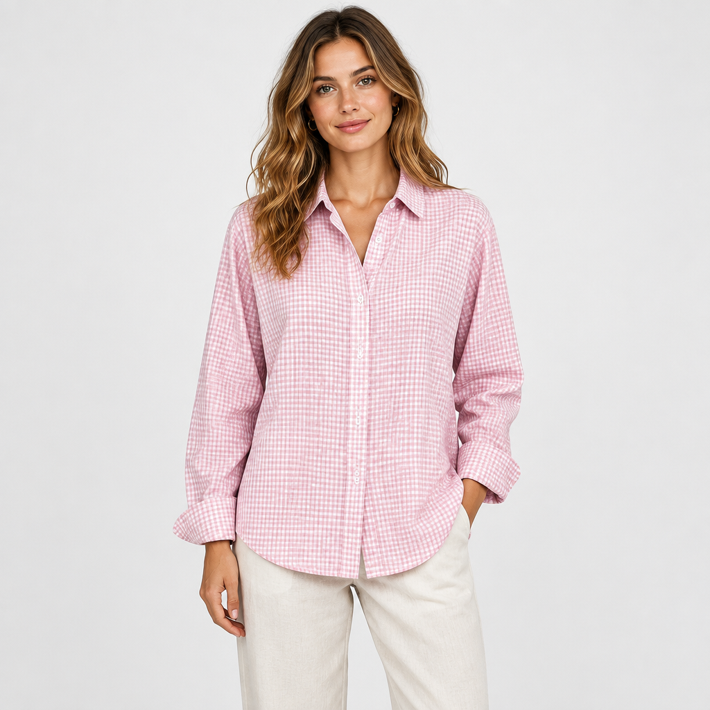 Pink plaid button-up shirt on a slim adult model, studio
