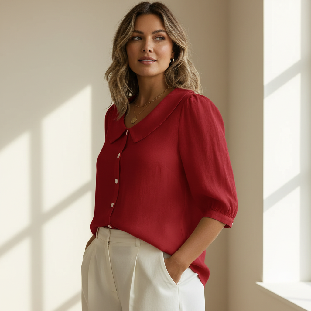 Red Peter Pan collar shirt - three-quarter side view