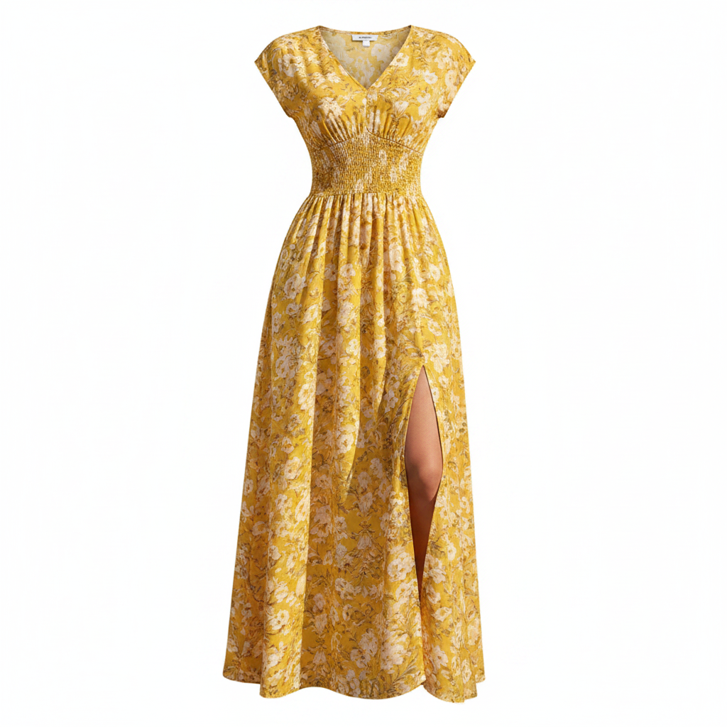 Yellow Flower Printed Cap Sleeve Maxi Dress - Product Shot