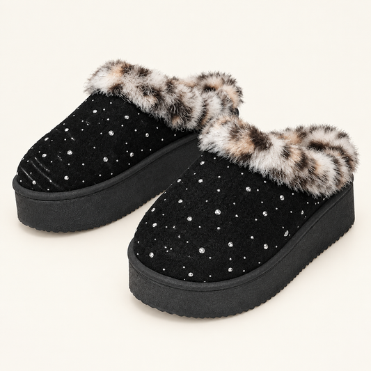 Black rhinestone faux fur platform slippers, studio view