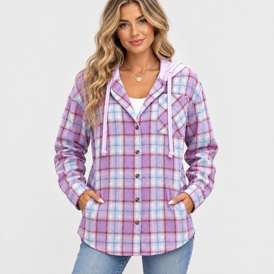 Purple plaid button-up hooded shirt with chest pocket in a studio view