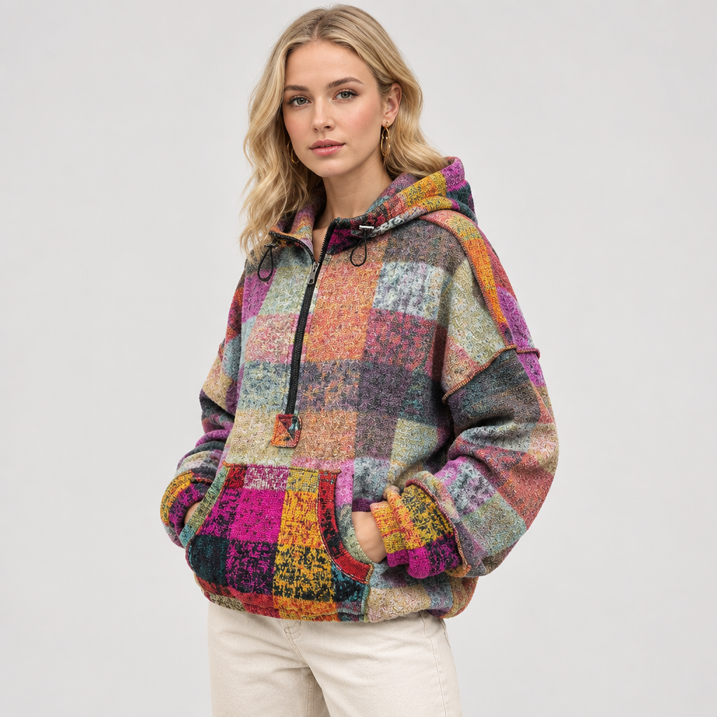 Tangerine half-zip fleece hoodie, three-quarter view
