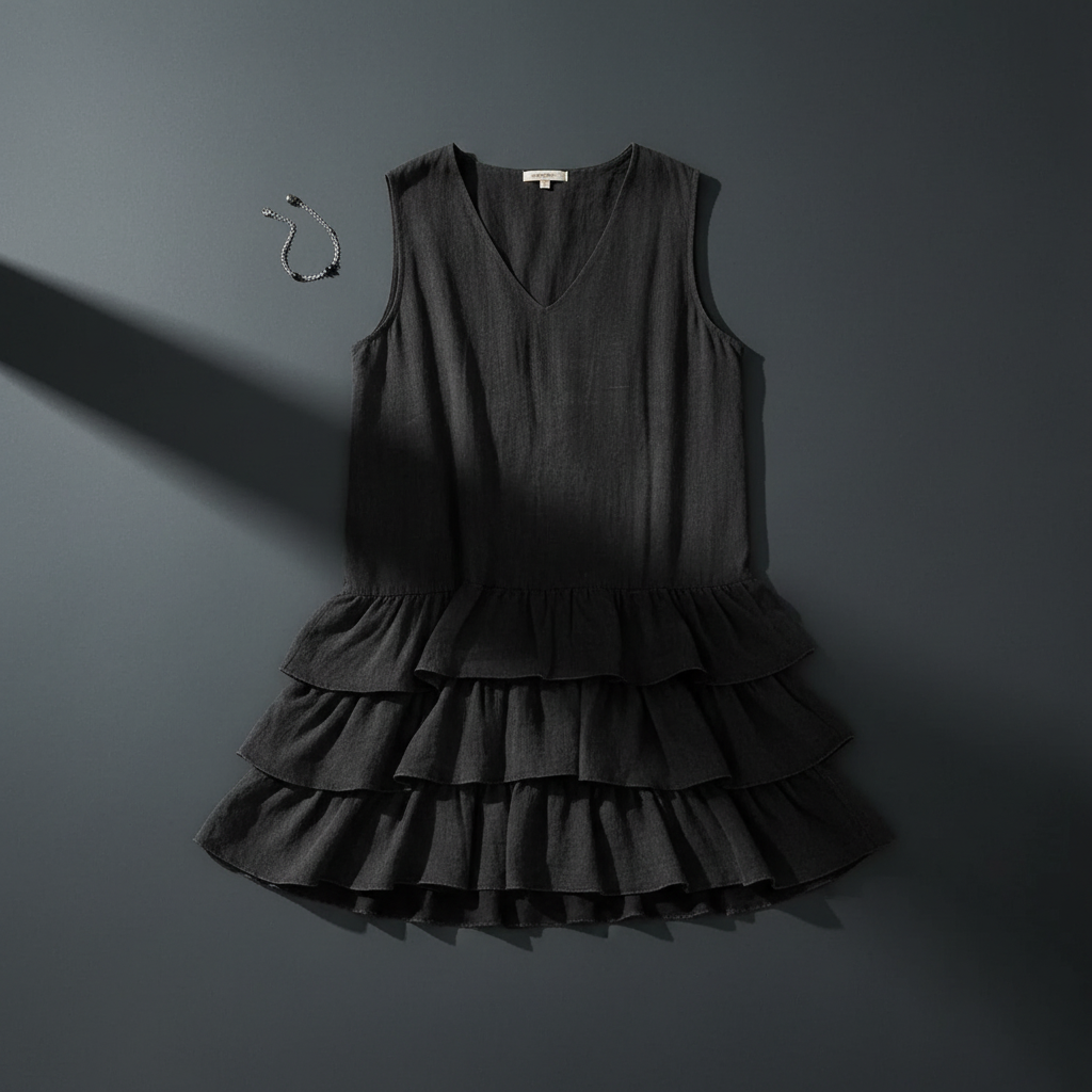 Black Ruffled Hem V-Neck Sleeveless Dress - Flat Lay