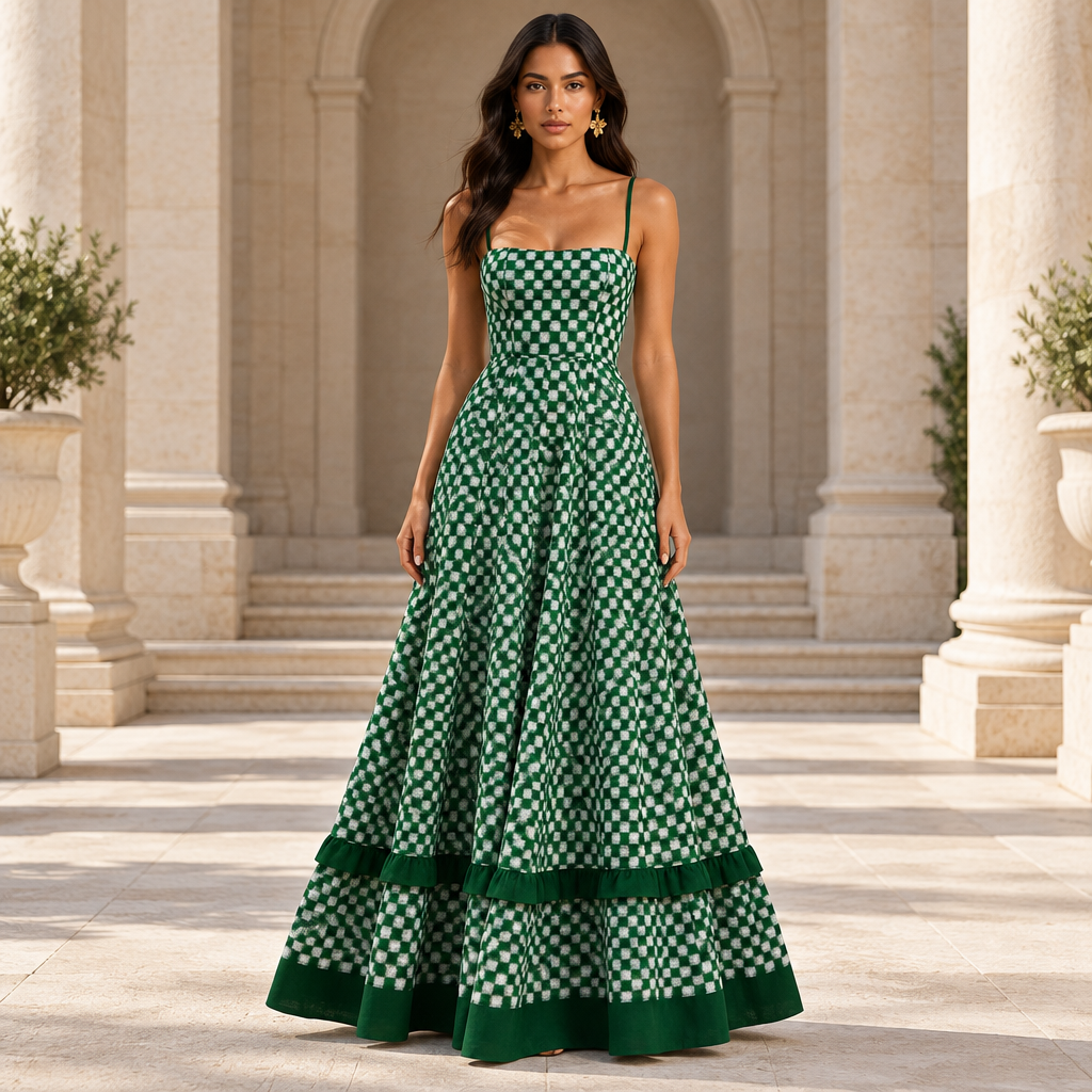 Green checkered spaghetti strap maxi dress in a premium campaign hero image