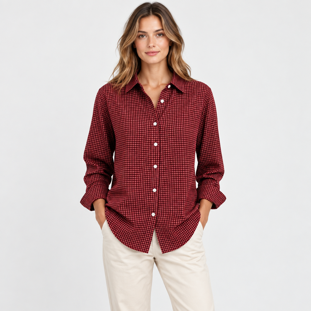 Deep red plaid button-up shirt on a slim adult model