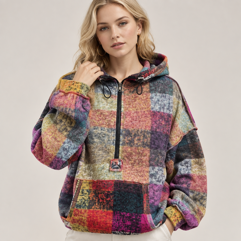 Multicolored half-zip fleece hoodie, seam detail