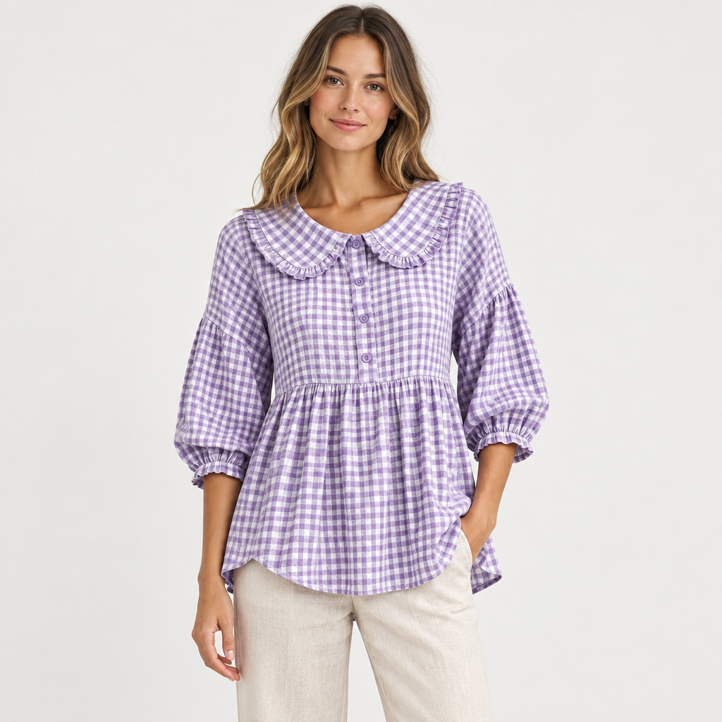 Purple gingham Peter Pan collar blouse on slim adult model, studio