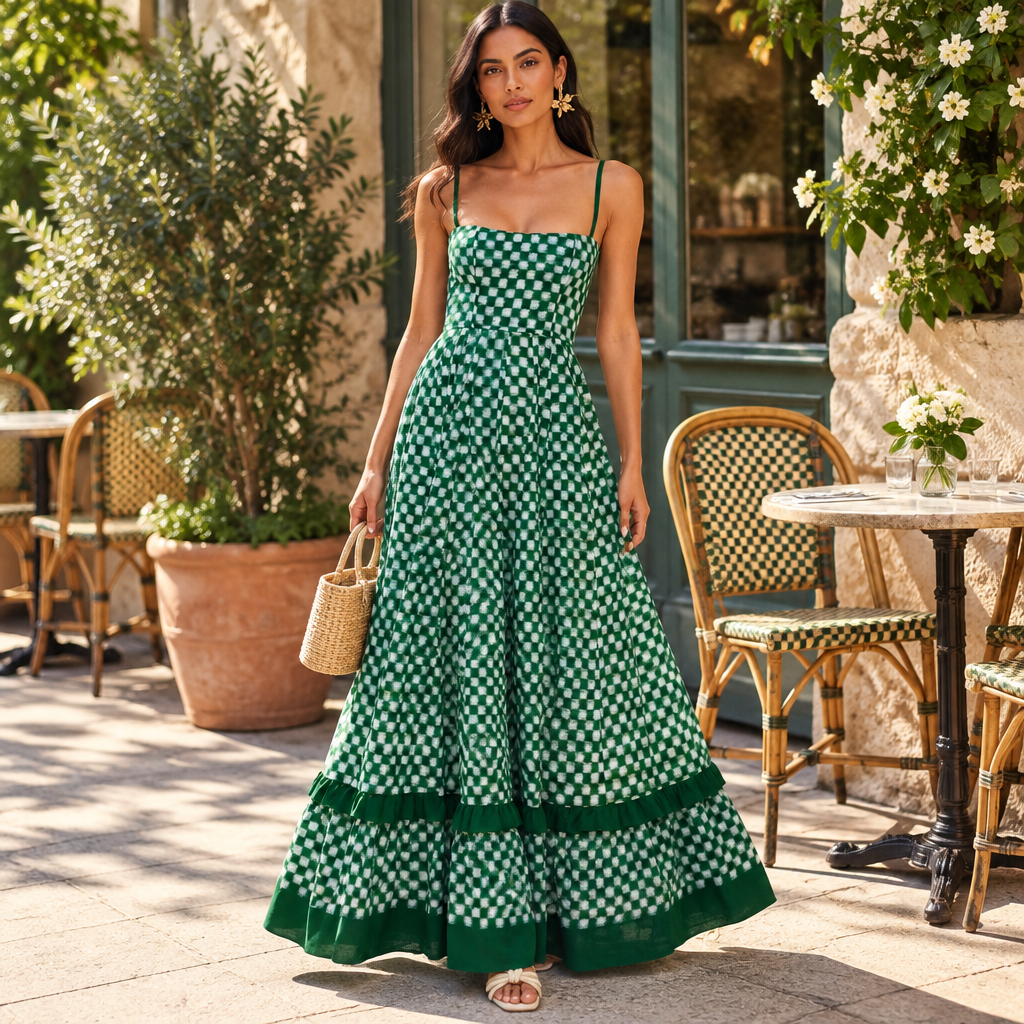 Green checkered spaghetti strap maxi dress in an outdoor cafe setting