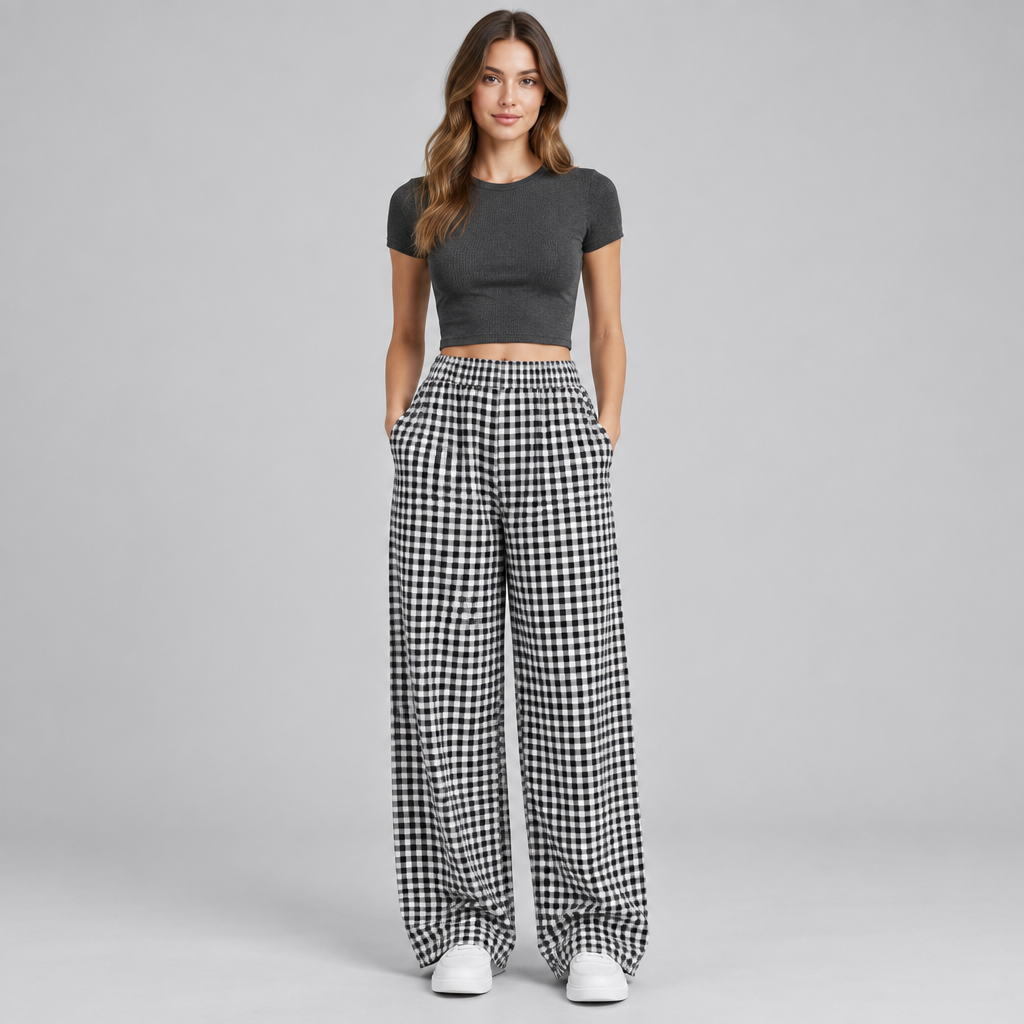 Black plaid wide-leg casual pants in a full-length studio view