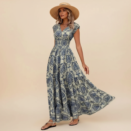 Brown Flower Printed Cap Sleeve Maxi Dress - Product Shot