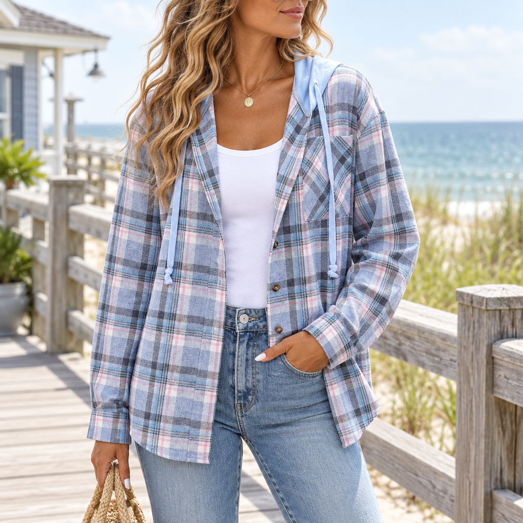Light blue plaid button-up hooded shirt styled by the coast