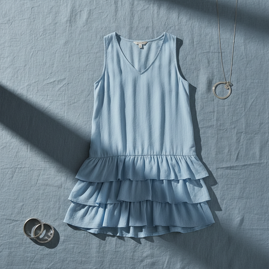 Blue Ruffled Hem V-Neck Sleeveless Dress - Flat Lay