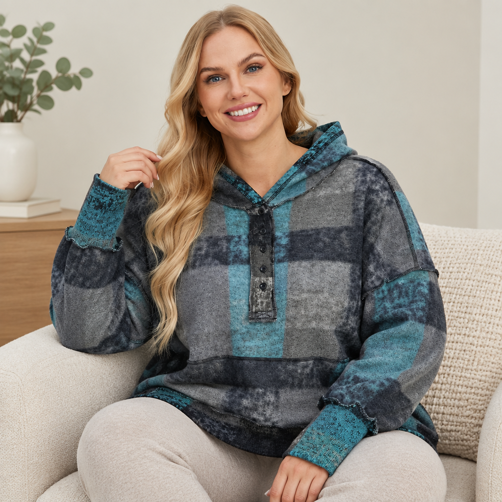 Dark gray plaid dropped-shoulder fleece hoodie, seated