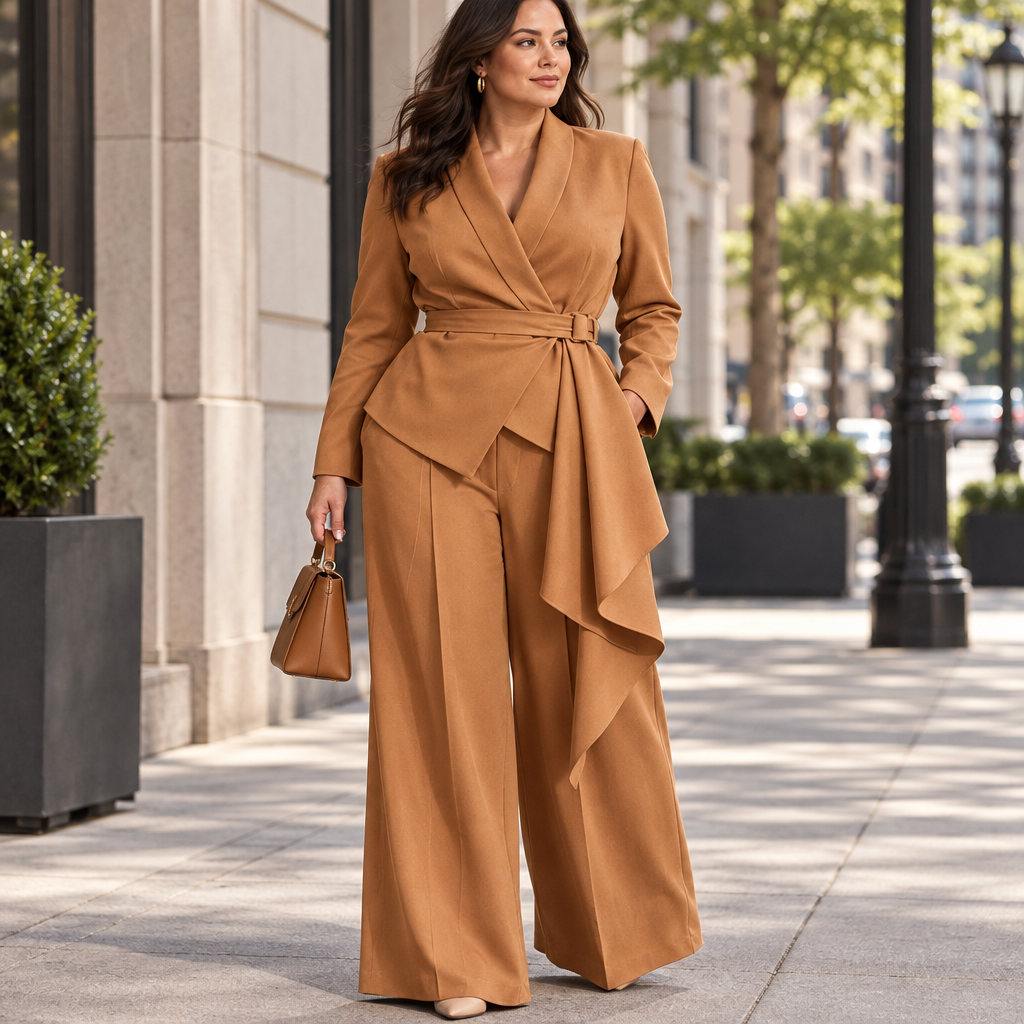 Plus-size caramel belted blazer and wide-leg pants set styled on a city street