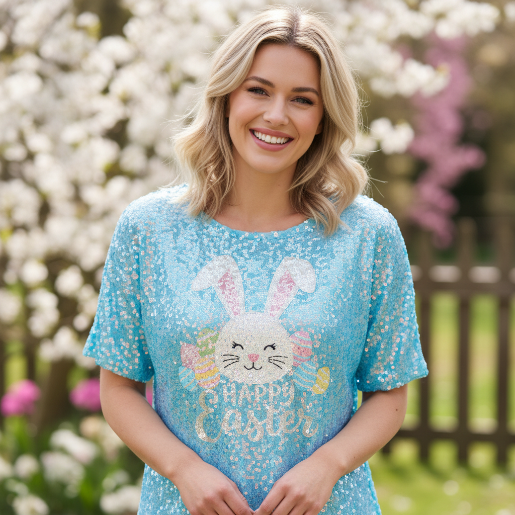 Waist-up - smiling sequin detail