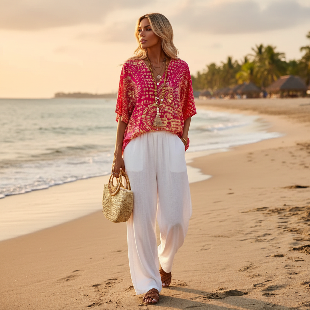 Hot pink boho printed V-neck half sleeve top - beach lifestyle