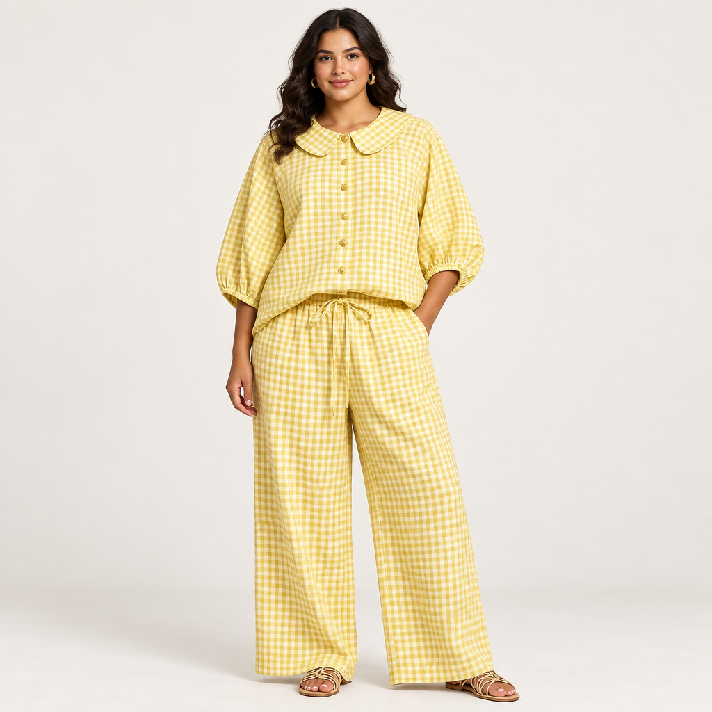 Yellow plaid button-up shirt and matching pants set in a studio view