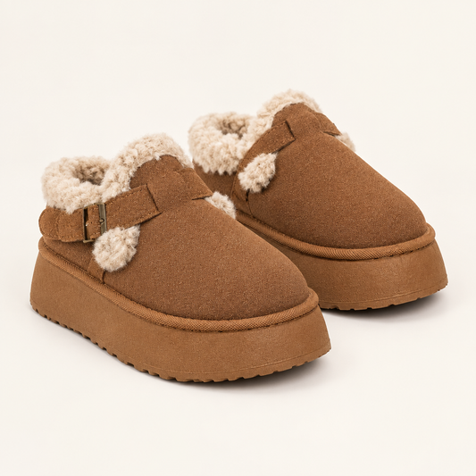 Brown round toe platform slippers, studio view