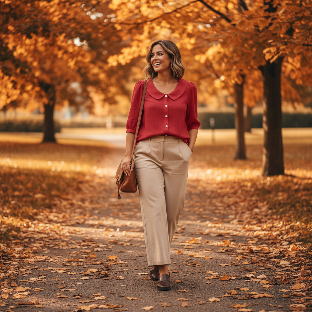 Red Peter Pan collar shirt - autumn park lifestyle
