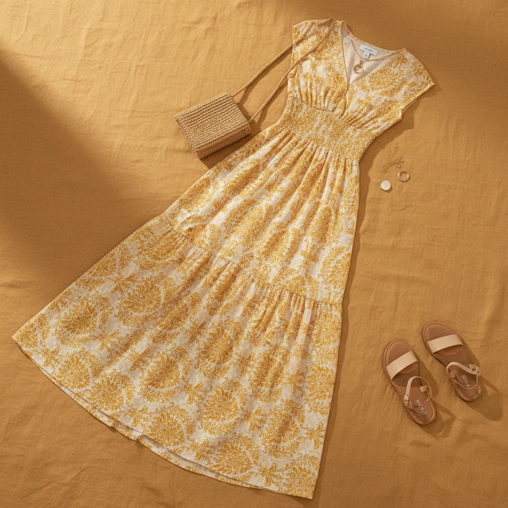 Yellow Flower Printed Cap Sleeve Maxi Dress - Flat Lay