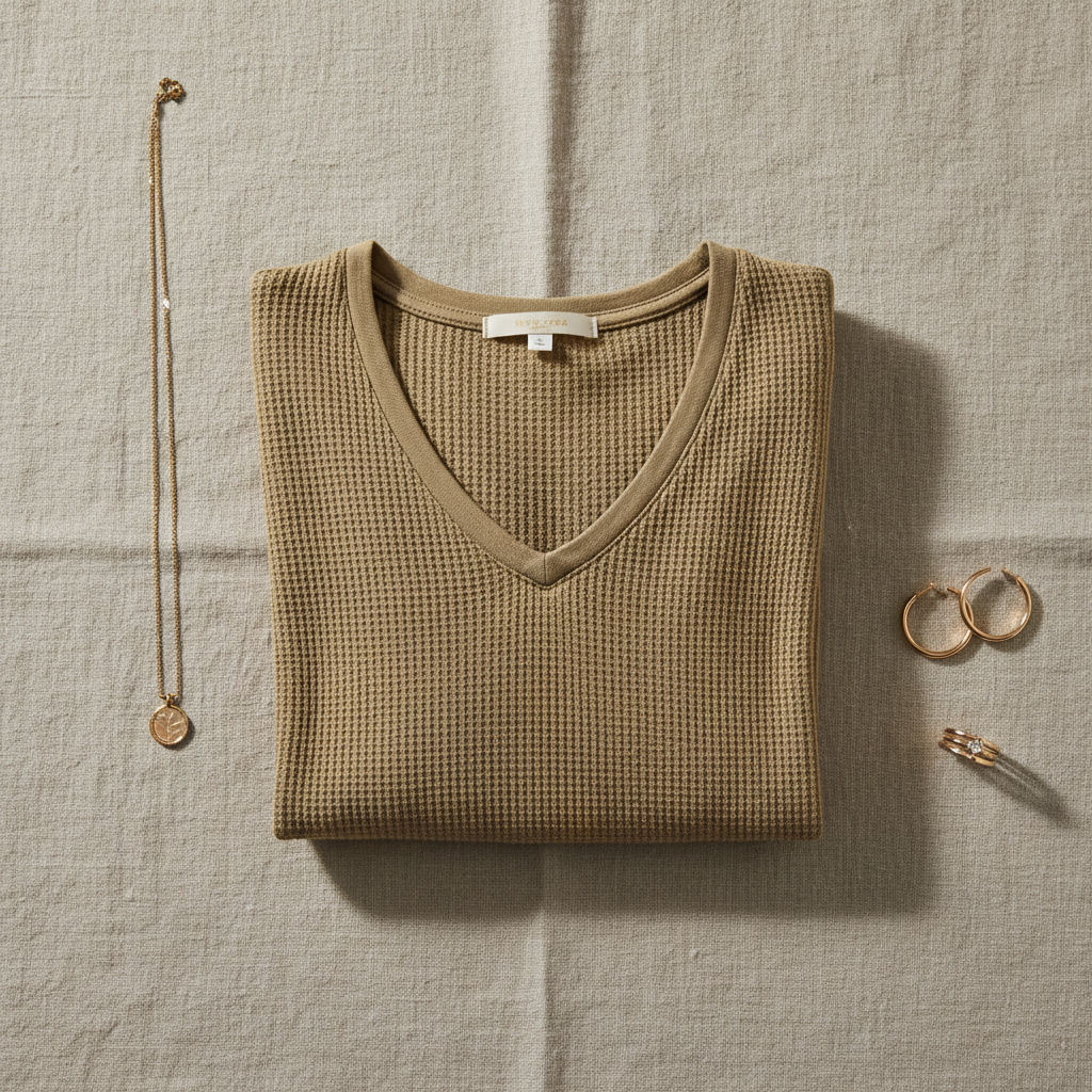 Khaki Waffle Knit Top - Flat Lay