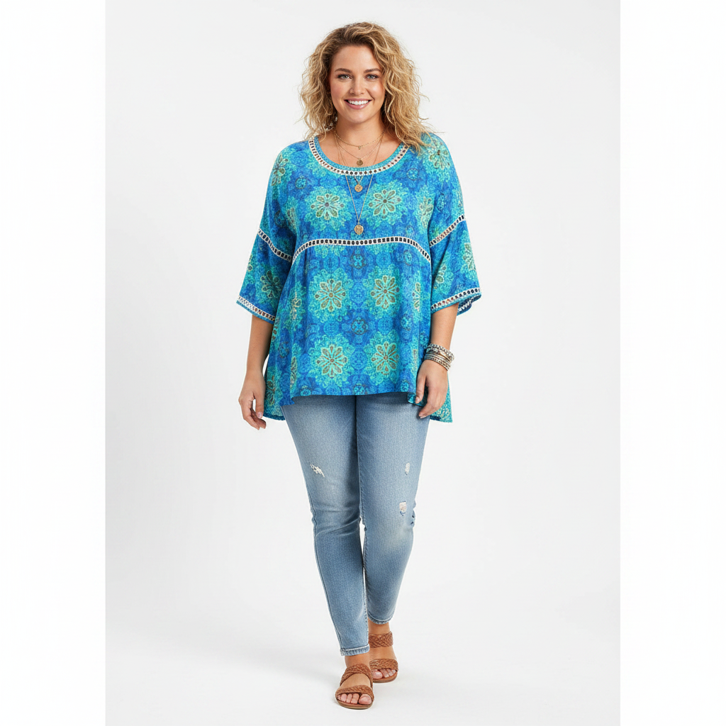 Blue boho floral hollow-out round neck top