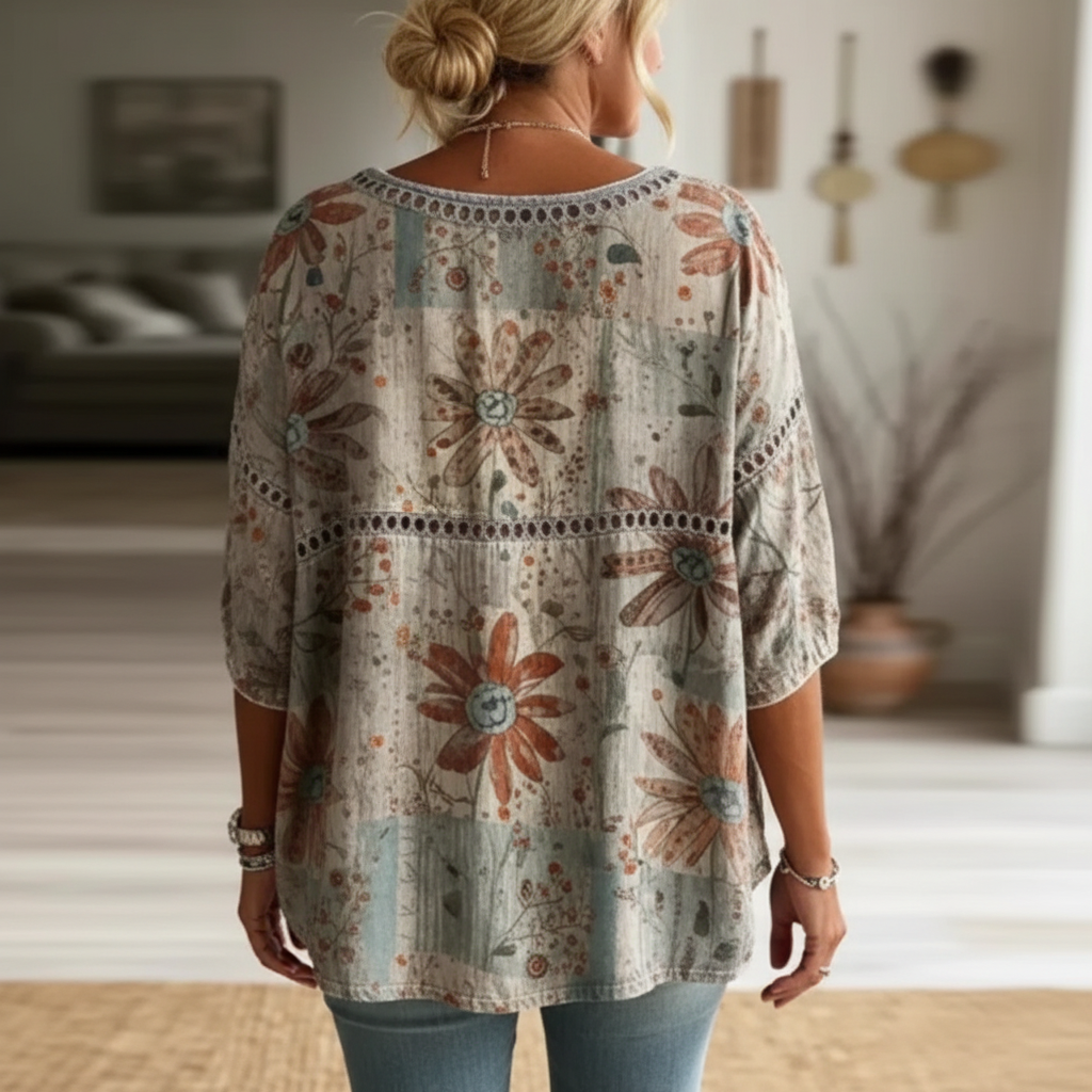 Khaki boho floral hollow-out round neck top - back view