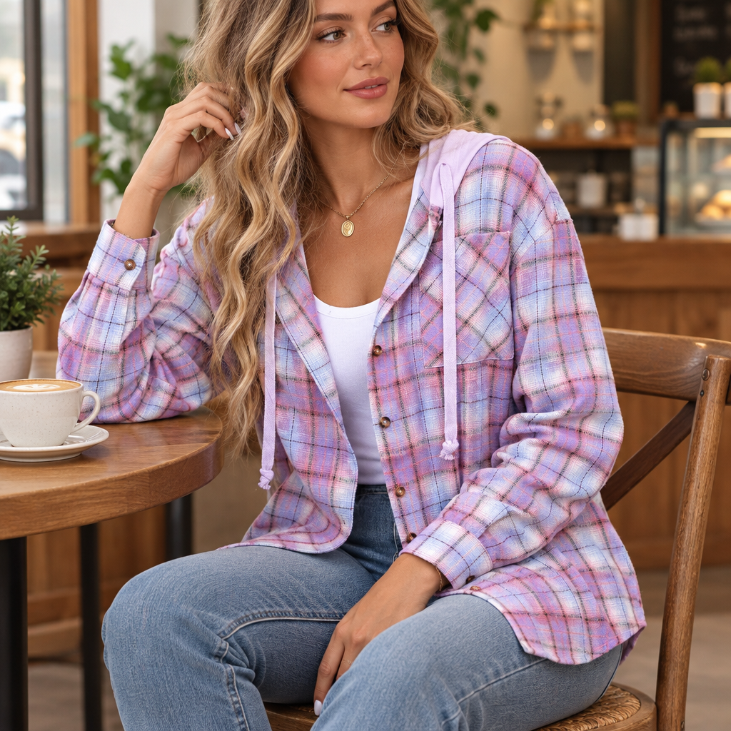 Purple plaid button-up hooded shirt styled in a cafe