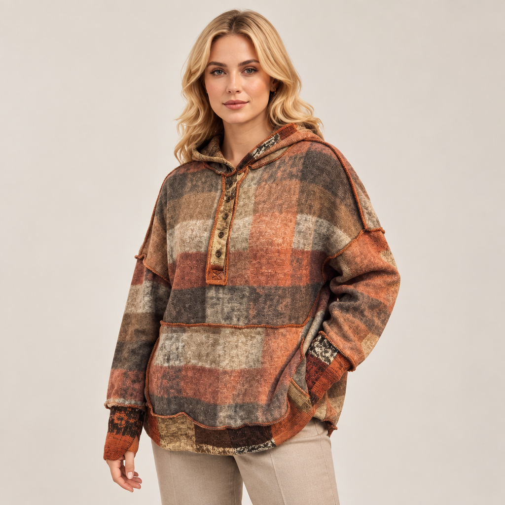 Tangerine plaid dropped-shoulder fleece hoodie, three-quarter
