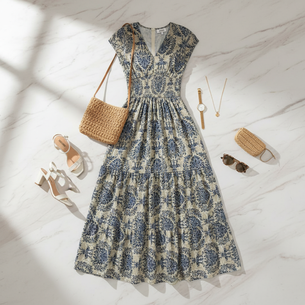 Blue Flower Printed Cap Sleeve Maxi Dress - Flat Lay