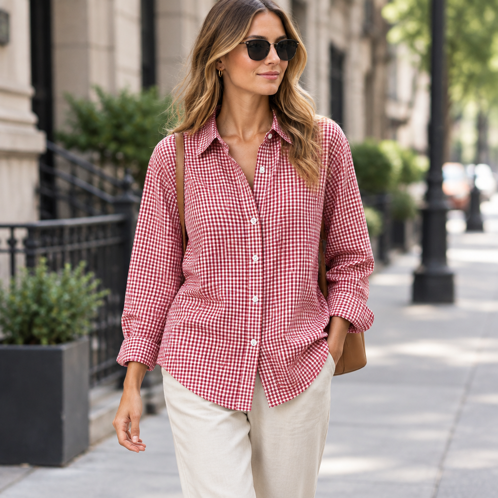Red plaid button-up shirt on a slim adult model, city