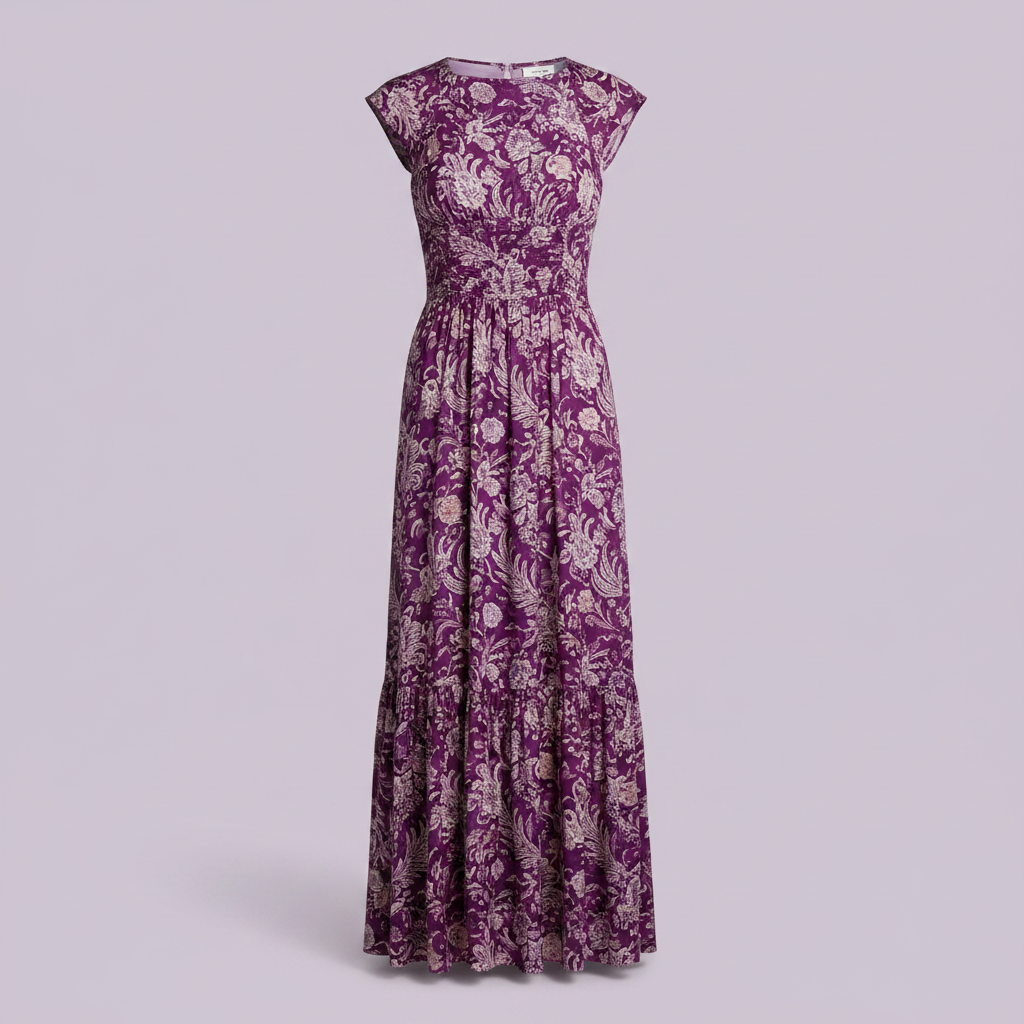 Purple Flower Printed Cap Sleeve Maxi Dress - Product Shot