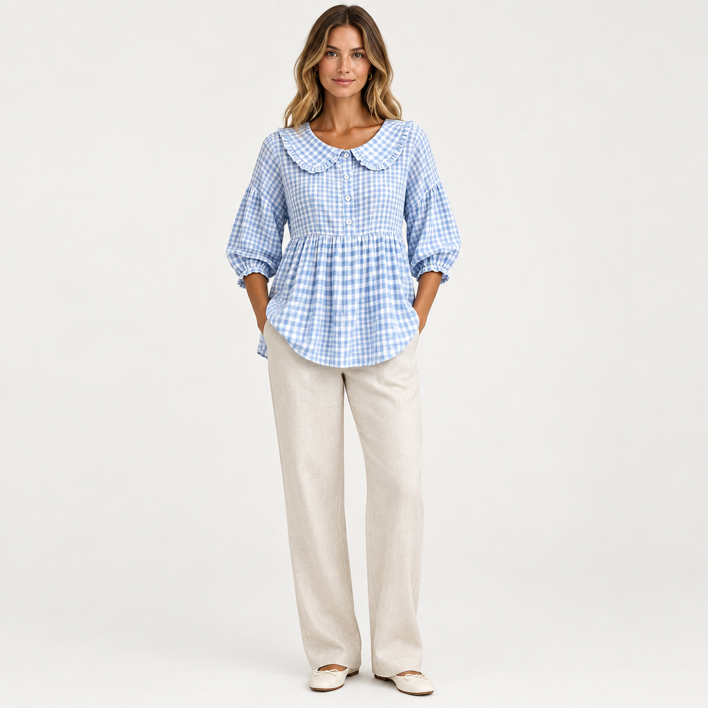 Sky blue gingham Peter Pan collar blouse on slim adult model, studio